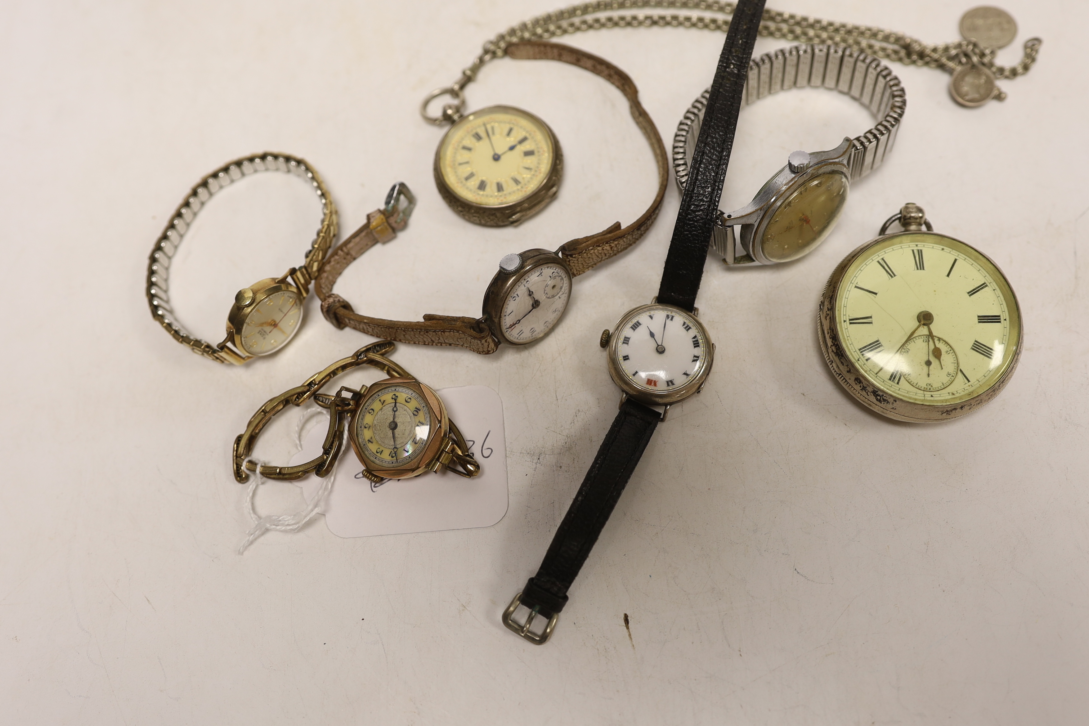 Two 9ct gold cased manual wind wrist watches including a Rone and five other assorted watches.